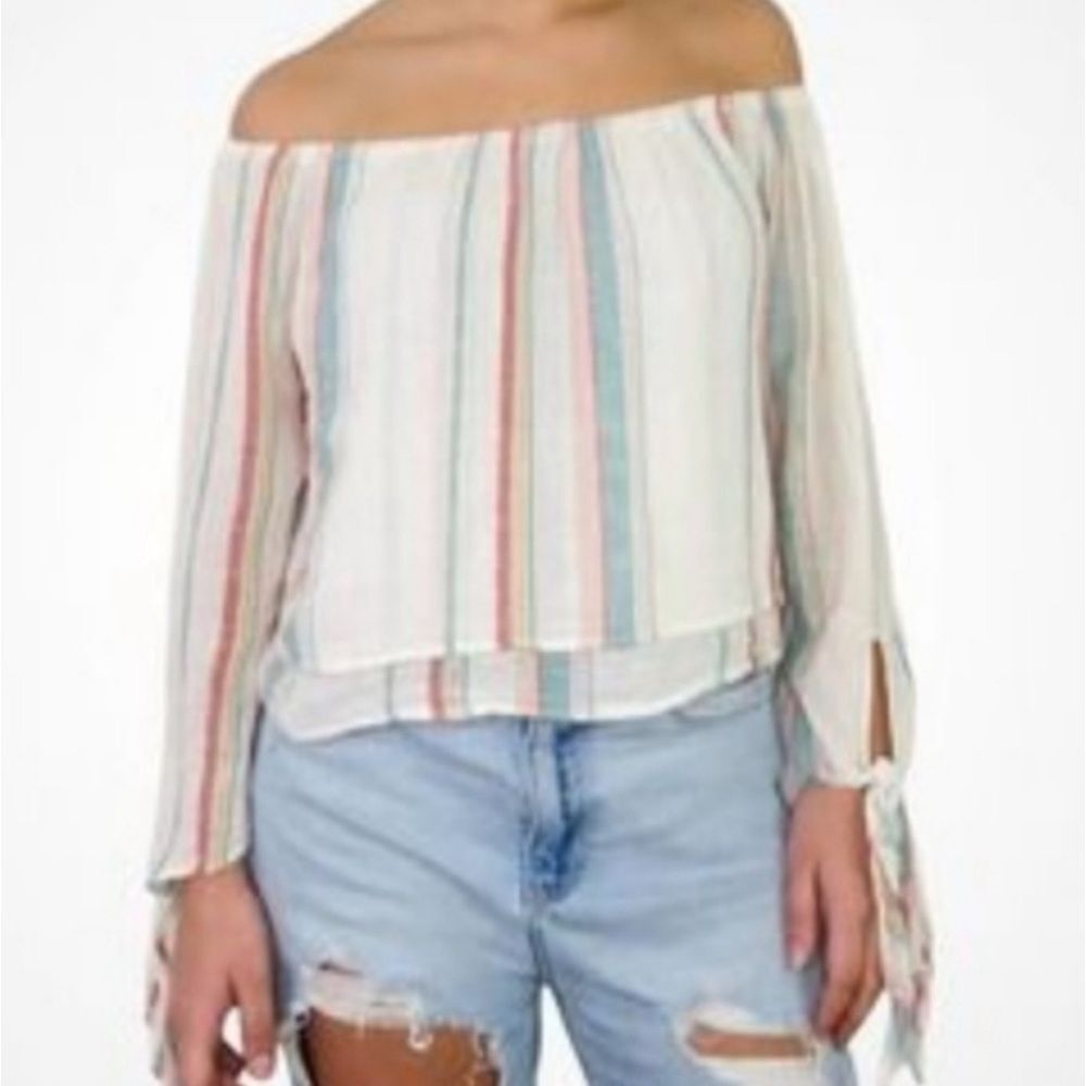 Thread & Supply Candy Strip Off The Shoulder Cropped Top Sz L Beach Casual Chic